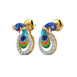 Pendientes de diamantes de pavo real de oro amarillo Diseño elegante de pavo real cantando - Product Image 3