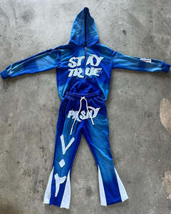 Manufacturer Boxy Fit Cotton Fleece <b>Hoodie</b> and Flared Sweats Pants Sets Custom Applique Distressed Embroidery Patches Tracksuits - Product Image 4