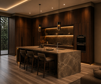 Cuisine moderne KEJIA avec finition en bois foncé, îlot en pierre et rangement intégré pour appareils électroménagers, conçue pour les maisons