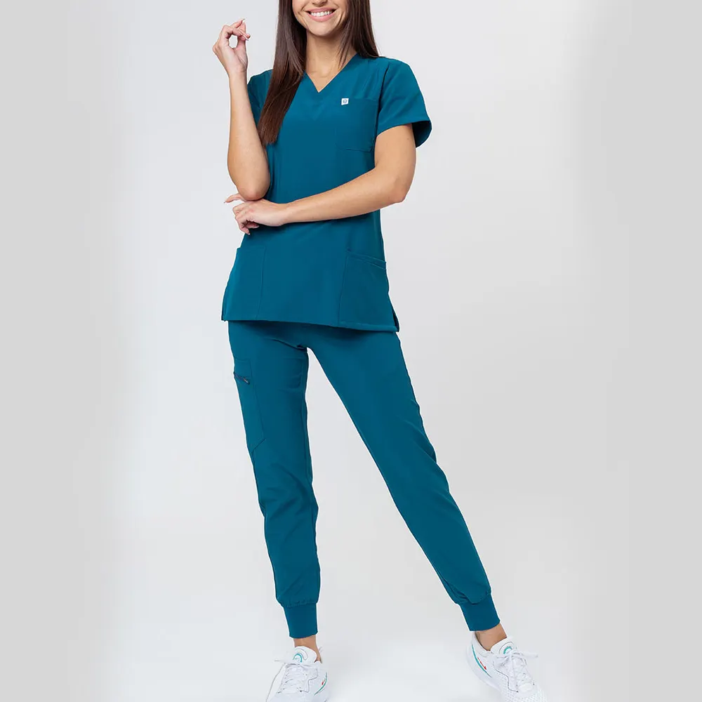 卸売看護師制服カスタマイズされた女性のジョガースクラブフロントジッパーとパンツ看護スクラブユニフォームセット女性のために編まれた
