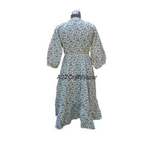 100% coton col en v coupe ample robe mi-longue bloc de main imprimé motif floral 3/4 manches bouton fermeture respirant quotidien naturel - Product Image 6