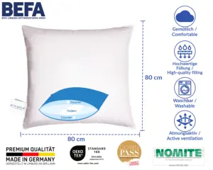 Premium Comfortable White Extra Strong Feather Pillow 100% Feather 80x80 And 100% Cotton Made In Germany