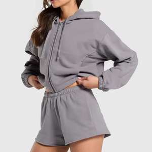 Wholesale Custom Logo Vintage Pattern Patches Women's 2 Piece Hoodie <b>Shorts</b> Set Acid Wash Jogging Crop Top - Product Image 5