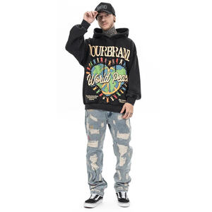 Vintage Oversized Acid Wash Black Pullover Hombres de peso pesado French Terry Hoodie Long Digital en relieve Heavy 100% Cotton - Product Image 3