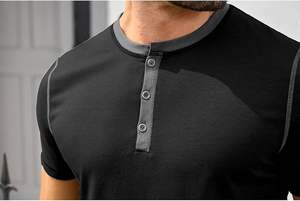 เสื้อเชิ้ตเฮนลีย์ผ้าฝ้ายผู้ชาย แขนสั้นติดกระดุม ทรงเข้ารูป - Product Image 3