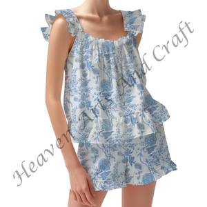 Pyjamas courts pour adultes Ensemble de pyjama en pur coton à imprimé magnifique Ensemble de pyjama à manches à volants ajustées et à fleurs pour le printemps et l'été - Product Image 3