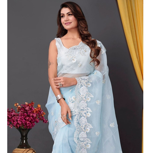 New Designer <b>Organza</b> Saree with Embroidery and Thread Work Lace Border Saree with <b>Organza</b> and Banglory <b>Silk</b> Blouse with Work - Product Image 1