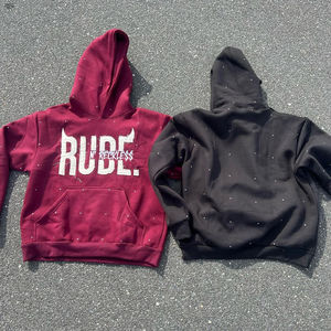 Sweat à capuche en molleton lourd légèrement surdimensionné, vintage, délavé, imprimé avec des strass sur toute la surface, broderie, taille plus - Product Image 2