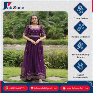 High Quality Luxury Designer Short <b>Sleeve</b> Square Neck Faux Blooming With Embroidery Zari Sequins Work Anarkali Gown for Women - Product Image 3