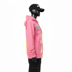 Sweat à capuche zippé premium pour femme, 320 GSM, coton et polyester polaire, panneaux bicolores rose et jaune, logo personnalisé, sweat à capuche zippé basique - Product Image 3