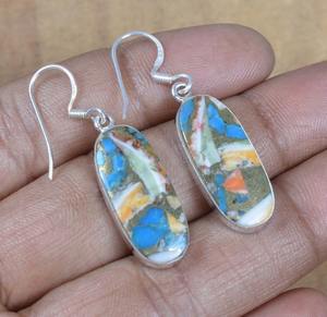 Pendientes de piedras preciosas de turquesa ostra, pendientes de plata de ley sólida 925 para mujeres y niñas, Pendientes colgantes, joyería estampada 925 - Product Image 5