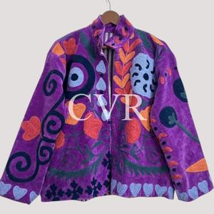 Abrigo de Terciopelo con Bordado Floral a Mano, Estilo Bohemio, Manga Larga, Cuello Mandarín, Talla Grande, Ropa de Abrigo Otoñal para Mujer - Product Image 3