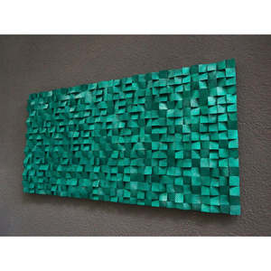 Sculpture en mosaïque de bois unique, décoration murale géométrique abstraite en bleu marine/jaune/orange/brun - Product Image 2