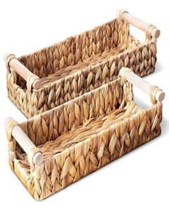 Wholesale Water Hyacinth Straw Storage <b>Basket</b> <b>with</b> Wooden <b>Handle</b> - Product Image 1