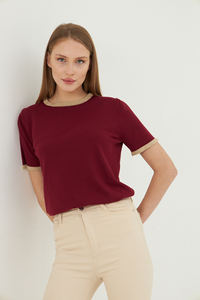 Blusa de verano de punto de manga corta con cuello redondo para mujer, Camiseta cómoda y elegante transpirable a rayas, servicio OEM de alta calidad - Product Image 3