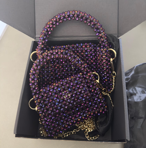 Fashionable multi-tone purple and blue glitter beaded <b>mini</b> <b>tote</b> with a silver chain strap, available at wholesale prices. - Product Image 2