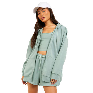Sweat à capuche zippé pour femmes, couleur bleu glace, épaule tombante, 300 GSM, polaire vierge, avec poches avant et cordes à capuche à vendre - Product Image 1