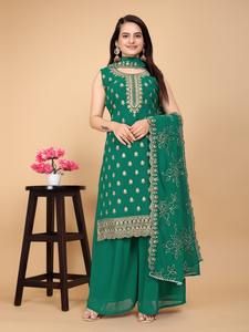 Dernière Collection Faux Georgette Avec Zari Et Paillettes Zari Work Salwar Costume Fabricant De L'Inde - Product Image 5