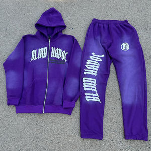 เสื้อฮู้ดดี้และกางเกงวอร์มผ้าฝ้าย 100% หนัก 500 กรัม ทรงโอเวอร์ไซส์ ชุดวอร์มฤดูหนาว แห้งเร็ว กันยับ ผ้าฟลีซ สีซีดแบบโดนแดด สไตล์ดิสเทรส รับสกรีนโลโก้ - Product Image 1