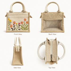 Sac fourre-tout mini en coton brodé motif prairie florale, 7,5 x 6 x 4 pouces, avec fermeture éclair et fenêtre arrière transparente - Product Image 2