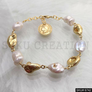 Gold Plated Designer Vintage Coin Handmade Pearl Gemstone Bracelet <b>Indian</b> Style for Girls and Women SKU6742 - Product Image 2