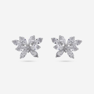 Boucles d'oreilles vintage en argent 92,5 et or 14 carats, modèle 191570, clous fleuris pendulants, tendance, en or rose avec diamants taille marquise émeraude - Product Image 1