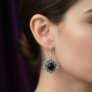 925 Sterling Silver Floral Drop <b>Earrings</b> <b>Black</b> Onyx Stone | Gold Trendy <b>Dangle</b> <b>Earrings</b> for Women | Party Jewelry Wholesale - Product Image 4