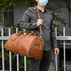 Sac de voyage en cuir véritable, sac de week-end avec fermeture à glissière et compartiment séparé pour chaussures, marron - Product Image 4