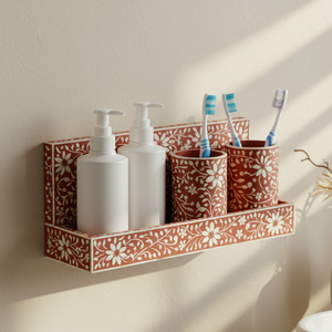 Kit de rangement floral artisanal pour salle de bain, esthétique terre cuite, étagère flottante pour meuble-lavabo avec gobelets à brosse à dents assortis - Product Image 1