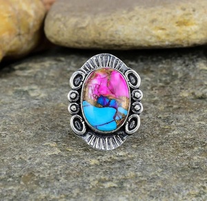Bague en argent Sterling huître épineuse rose Kingman Rose Dahlia Turquoise Bague ovale en pierres précieuses Bijoux artisanaux uniques pour femmes - Product Image 1