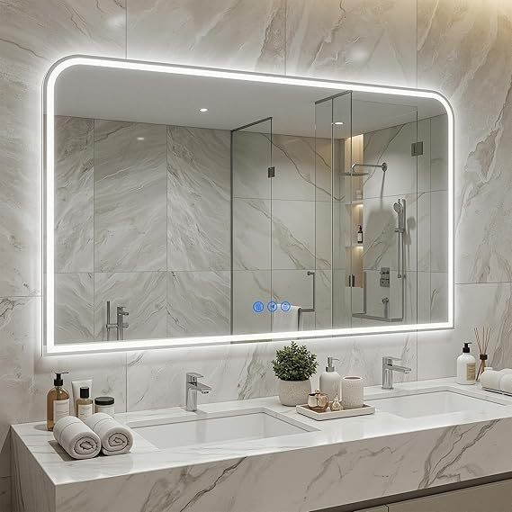 LED Wall-Mounted Bathroom Mirror Anti-Fog Dimmable Lights Tempered Glass Aluminum Frame Semicircular Shape Memory Function 3