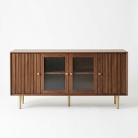 Buffet en bois massif de style moderne du milieu du siècle, design chic à cannelures, grand rangement pour salle à manger, cuisine, hôtel