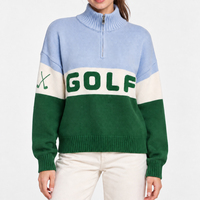 Pull-over en coton doux personnalisé pour femme, style preppy, col montant jacquard, blocs de couleur, coupe décontractée, idéal pour le golf, vente en gros