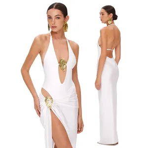 Maillot de bain 2 pièces à col en V profond avec jupe, en tissu tissé respirant - Product Image 1