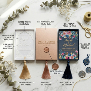 光沢のあるカスタムデザインのピンクの紙箱入り結婚招待状、豪華で上品なシルクプレミアムアクリル製結婚招待状用紙箱 - Product Image 6