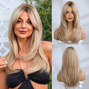 Mabel-DWY Premium Quality Synthetic Lace <b>Wig</b> Long Straight Dirty <b>Blonde</b> Side Bangs Transparent Lace Model Number Synthetic <b>Wig</b> - Product Image 1