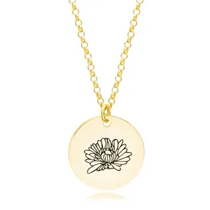 November Chrysanthemum Birth Month Flower Necklaces Round Disc Pendant Turkish Handmade Wholesale 925 Sterling Silver Jewelry