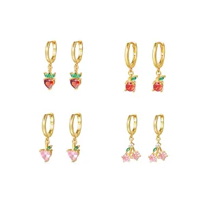 Fashion Hot Sale Colorful Zircon Earrings Dangle Jewelry 925 Silver Gold Plated Women Summer Fruit Earrings Hoops