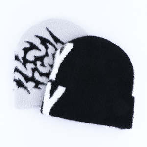 Quality Custom Embroidery <b>Winter</b> Beanie <b>Hat</b> Cap Furry Knitted Jacquard Cuffless Mohair Material Fashionable Casual Style - Product Image 6