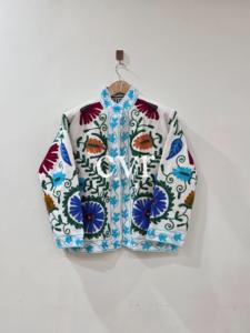Chaqueta de Algodón con Bordado Floral a Mano, Cuello Mandarín, Manga Larga, Talla Grande, Estilo Prairie Chic para Mujer, Primavera - Product Image 1