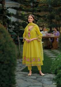 Autoestampados de algodón puro Chikanakari Anarkali Salwar Kameez, trabajo delantero y trasero para boda, colección de ropa india y pakistaní - Product Image 5