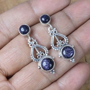 Boucles d'oreilles clous en argent sterling 925 avec pierre de soleil bleue, bijoux en pierres précieuses faits à la main, cadeau pour femme, boucles d'oreilles à 2 pierres - Product Image 4