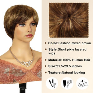 Peluca humana con reflejos de rubio mezclado marrón, peluca corta de corte Pixie para uso diario y disfraz de Halloween, peluca de pelo para fiesta de disfraces - Product Image 2