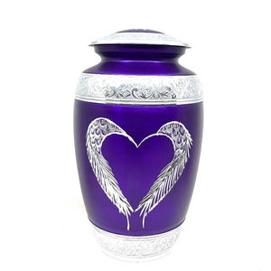 Urna de cremación de aluminio mate púrpura moderna, bandas grabadas, alas de corazón, cenizas humanas ecológicas para adultos, recuerdo funerario conmemorativo - Product Image 1