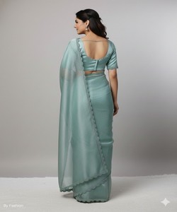 Sari Moderno GMY de Seda con Bordado de Encaje Hecho a Mano y Blusa Sin Coser, para Fiestas, Bodas y Eventos Festivos, Color Cielo - Product Image 2