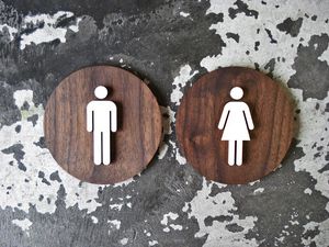 Signalétique de toilettes en bois conforme à la norme ADA personnalisée |   Plaque indicatrice de porte de salle de bain |   Conception directionnelle et tactile - Product Image 3