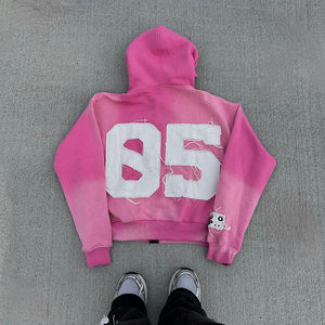 Customized Men's Oversized Boxy Hoodie Streetwear Distressed Embroidery Washed French Terry with <b>Zip</b> Casual Style for Winter - Product Image 3