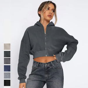 Street Wear Sweat à capuche à épaules tombantes Gris foncé Polaire à manches longues Vestes courtes Pull Crop Top Zipper Hoodie pour femmes Hoodies - Product Image 1