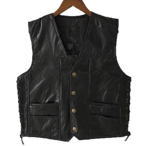 Punk Biker <b>Vest</b> Lace Button Winter Sleeveless Waterproof Windproof Solid Motorcycle <b>Vest</b> for Men <b>Black</b> Leather - Product Image 1