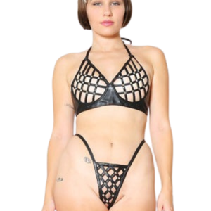 Harnais en cuir en cage avec string pour femme Noir Taille unique Ensemble de lingerie fétichiste - Product Image 1
